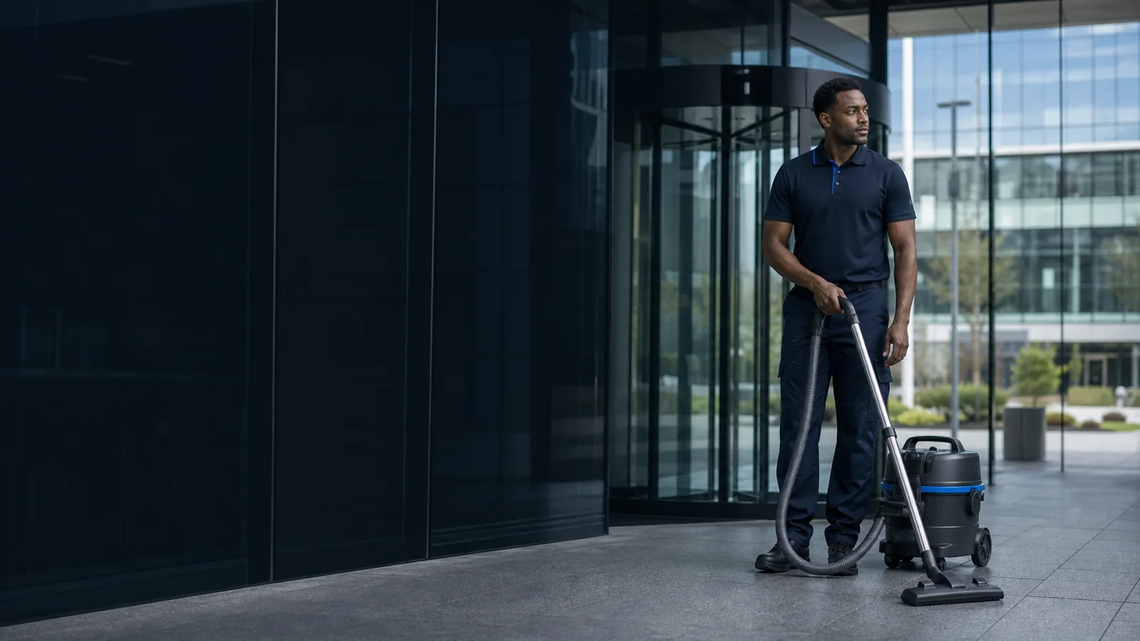 Facilitaire medewerker in de entree van een modern bedrijfspand