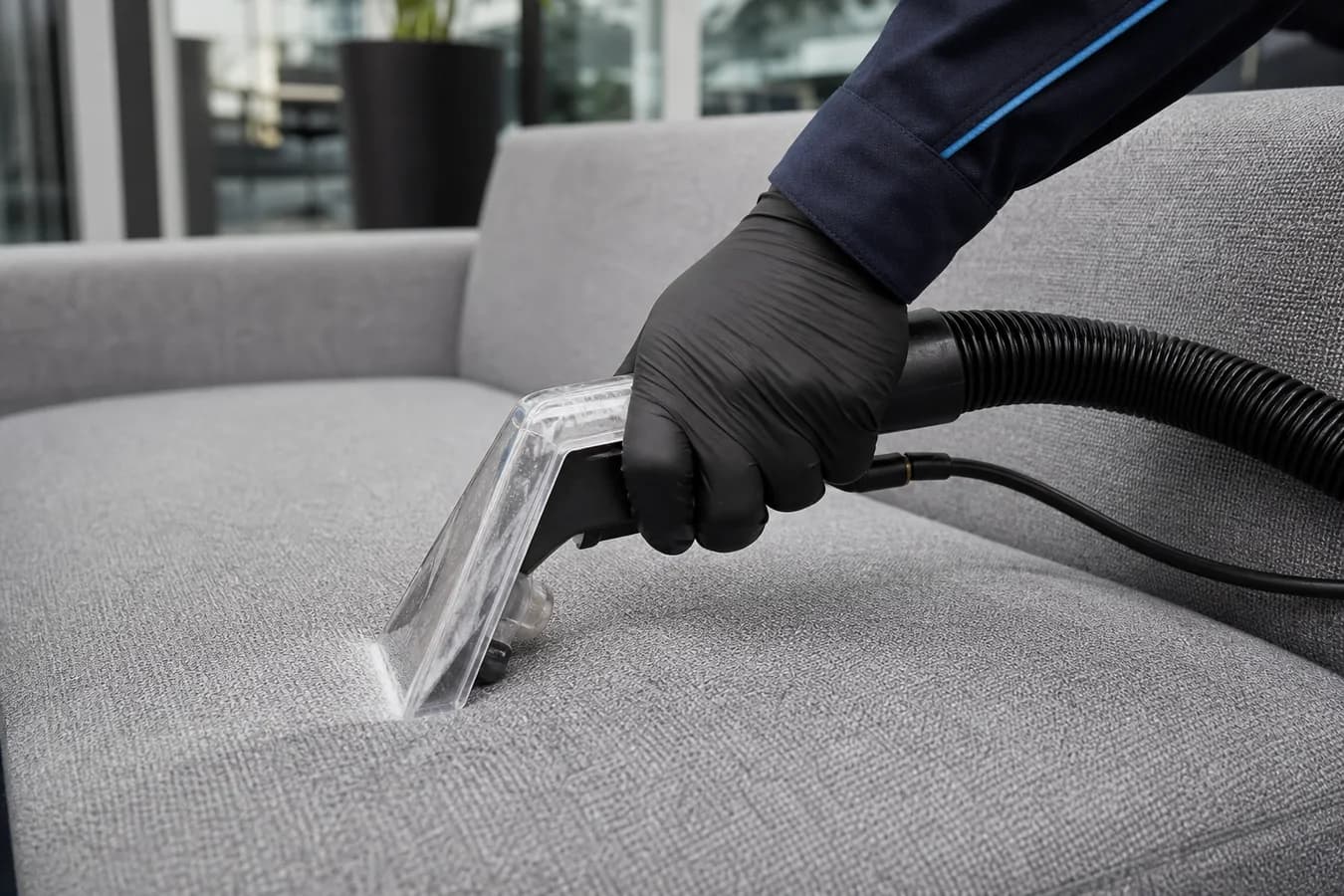 Transparant extractiemondstuk op de stof van een bankzitting