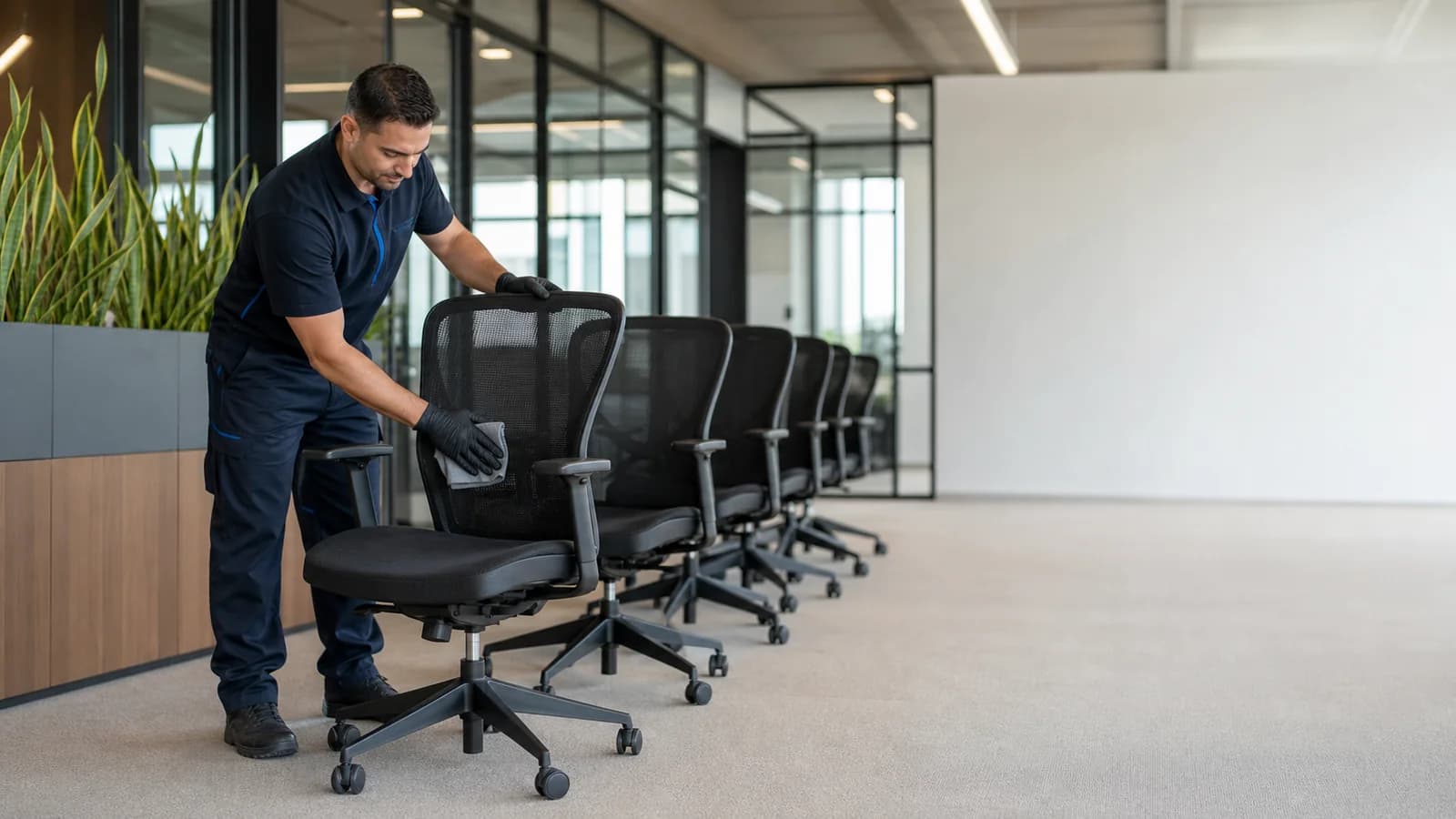 Rij kantoorstoelen klaar voor een gefaseerde reinigingsopdracht