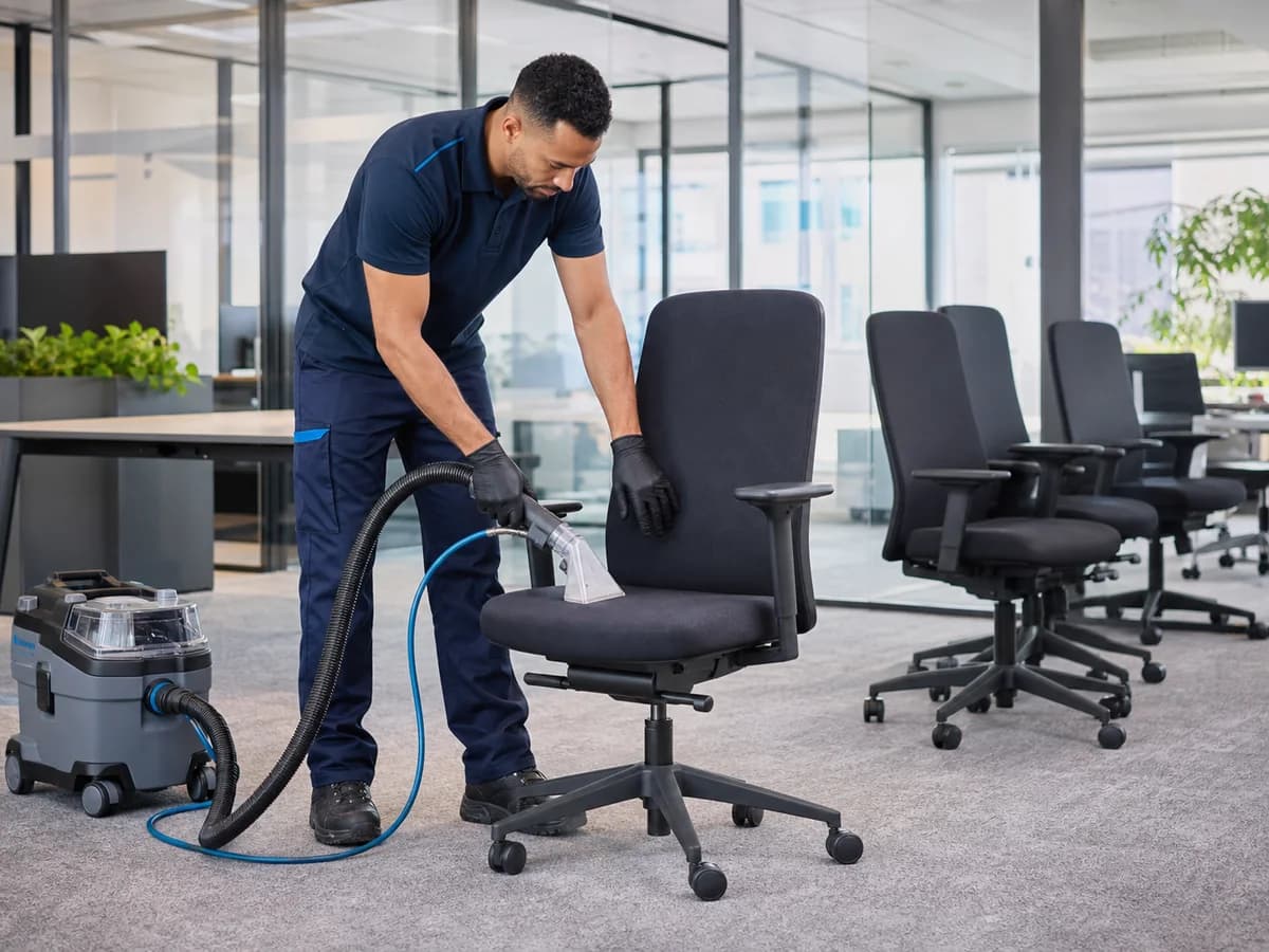 Medewerker reinigt een ergonomische bureaustoel in een modern kantoor