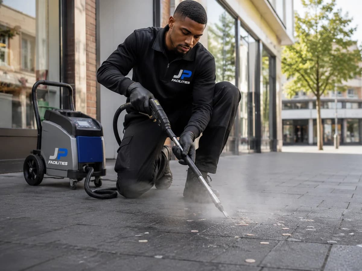 Medewerker van JP Facilities verwijdert kauwgom van bestrating
